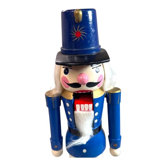 Vintage Wooden Blue Toy Soldier Nutcracker Red Base & Hat Christmas Holiday READ - Picture 9 of 9
